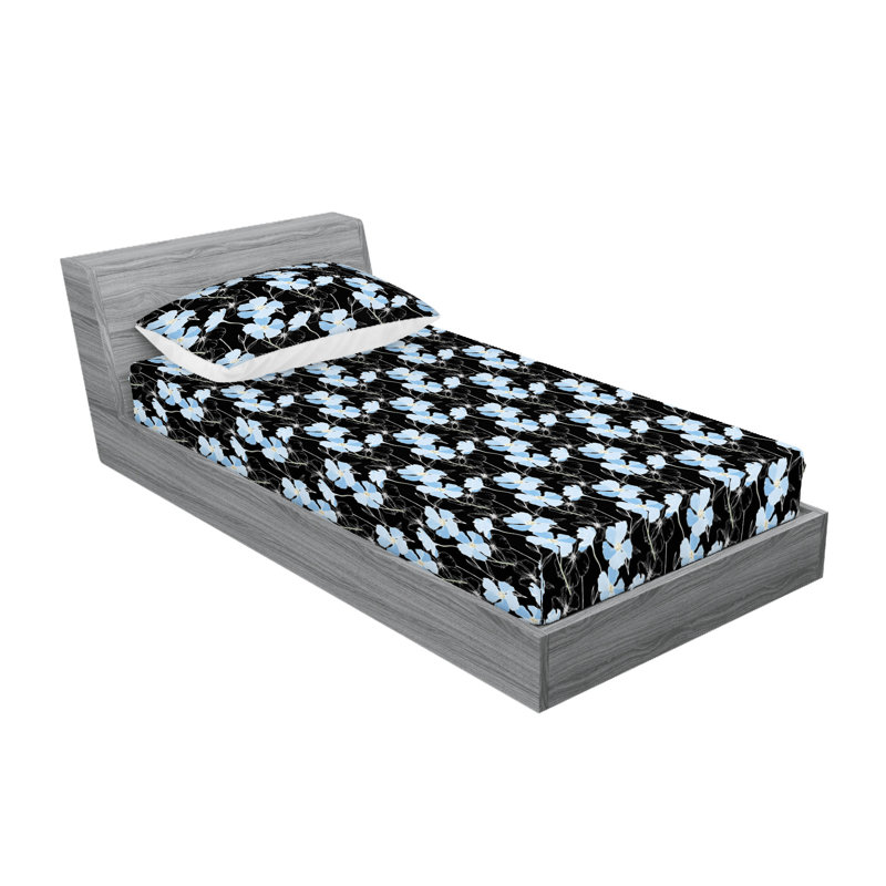 Drap-housse et taies décoratives 3 pièces Ambesonne, Noir, blanc, bleu doux / floral