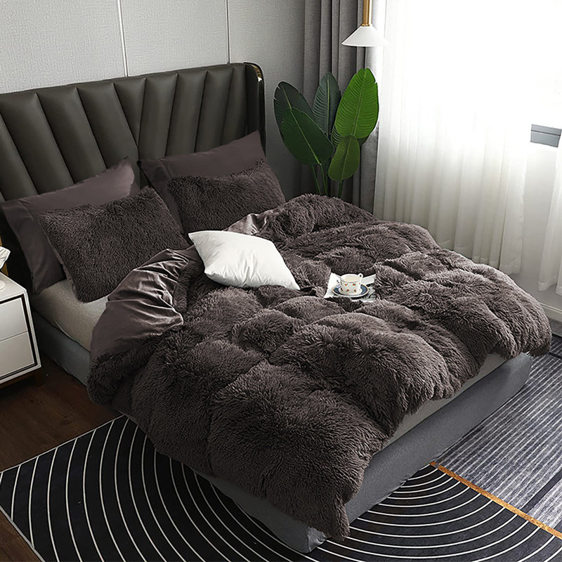 FFDC1217 Plush Shaggy Duvet Cover Set, Queen Duvet Cover + 4 Additional Pieces, Dark Gray