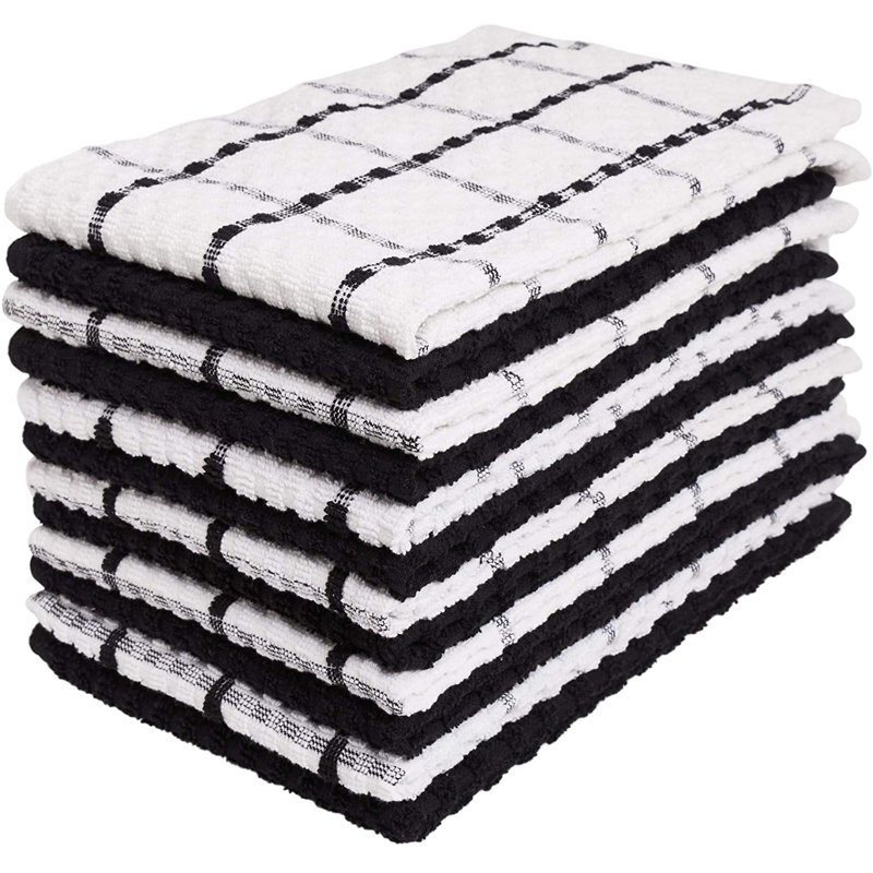 Cotton Checkered Waffle Dish Cloth Kitchen Towel, Black, 12