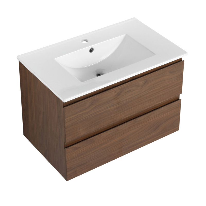 Meuble-lavabo mural de 30 po avec lavabo en céramique et 2 tiroirs à fermeture en douceur, conception peu encombrante pour les maisons modernes