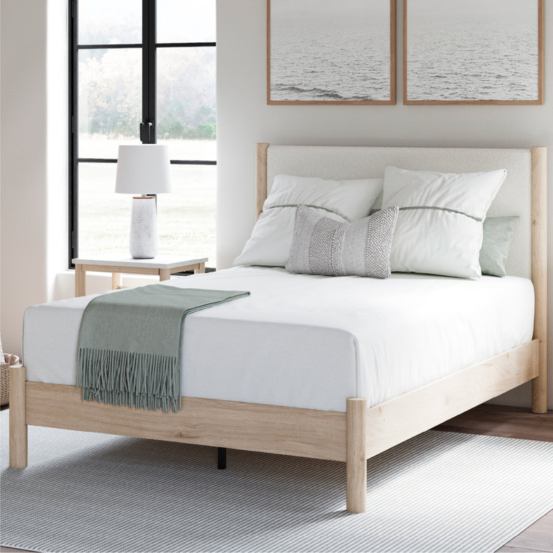 Grand lit à panneau tapissier Ciaran, Beige / Blanc, Grand lit