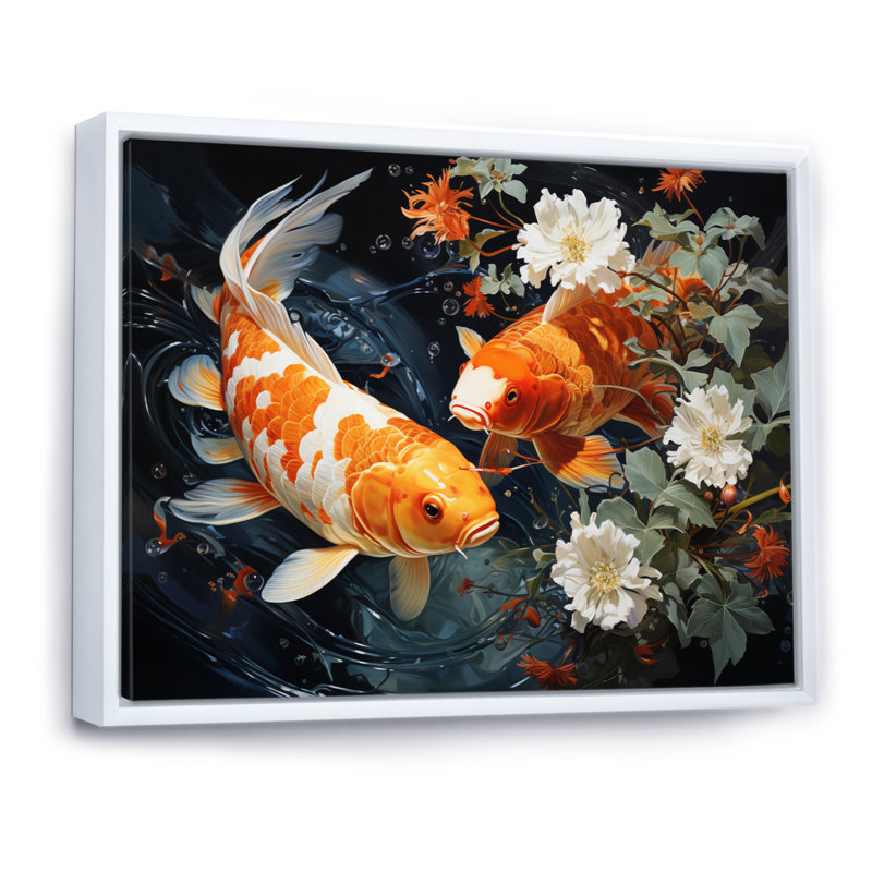 Asian Art Koi Dance II - reproduction d'art, Cadre flottant blanc, H 24 po x l 32 po x P 1 po