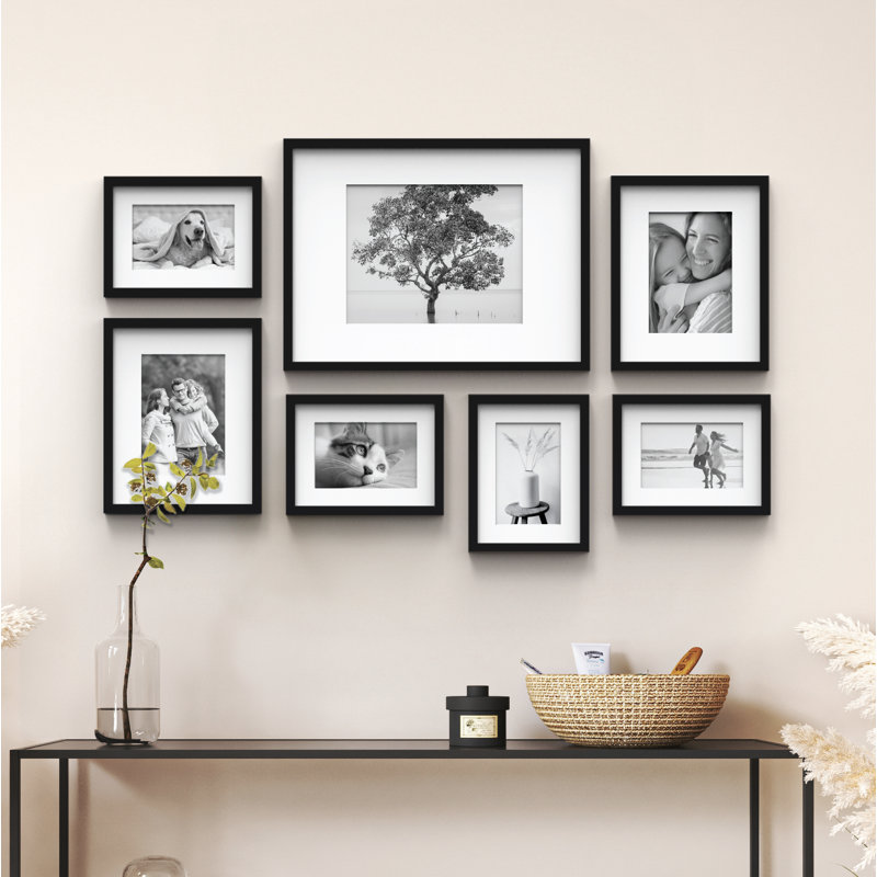Gallery Wall Solid Wood Matted Picture Frame Kit - 7 Pieces with Two 8" x 10", Four 6" x 8", and One 12" x 16", Black