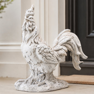 Antique White Farm Rooster Garden Statue