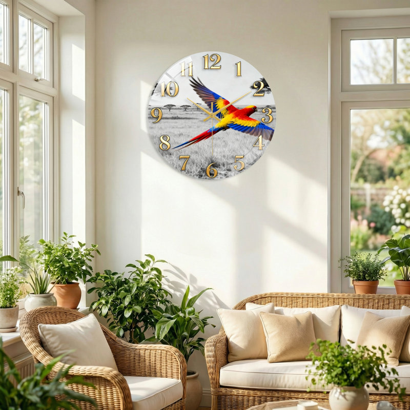 «Parrot Landscape», horloge murale en verre, 40 x 40 cm (15,7 x 15,7 pouces)