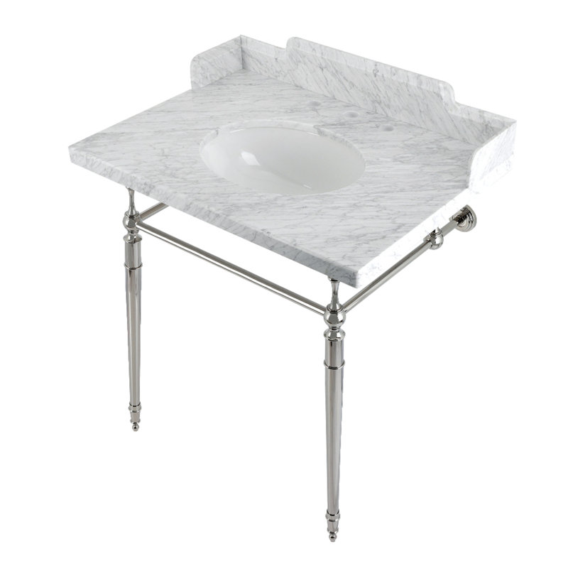Kingston Brass Habsburg 30-Inch Carrara Marble Console Sink with Brass Legs (8-Inch, 3-Hole), Marble White/Polished Nickel
