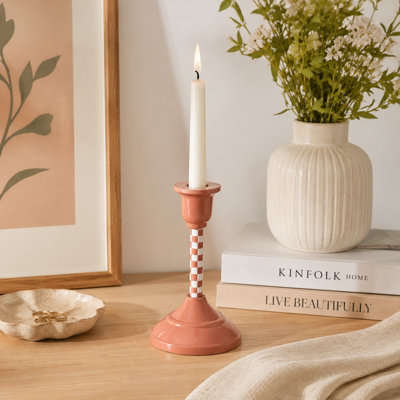 Dusty Pink Checkered Aluminum Taper Candle Holder