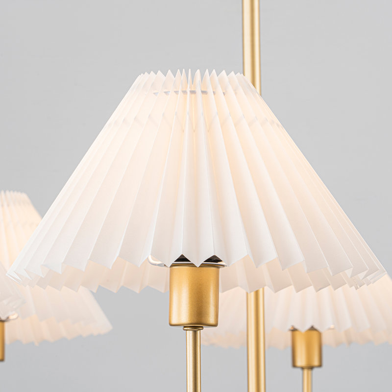 Lustre traditionnel 6 lumières avec abat-jour en tissu plissé, Doré