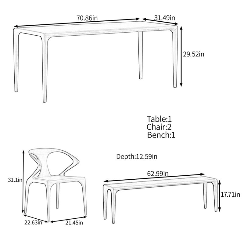 Ensemble de tables multifonctionnelles entièrement en bois massif, H 29,52 po x L 70,86 po x l 31,49 po