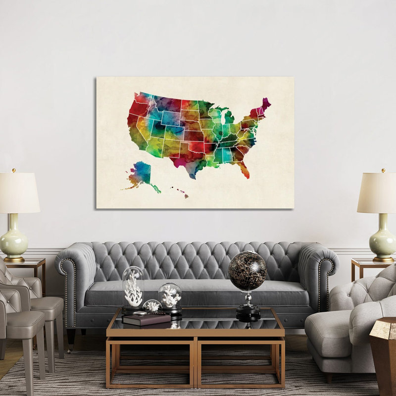 United States Watercolor Map by Michael Tompsett - 1 Piece Wrapped Canvas Wall Art, 152.5 cm H x 101.5 cm W