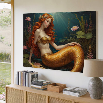Canvas Wall Art Golden Tailed Mermaid Canvasserene Underwater Fantasy Scene