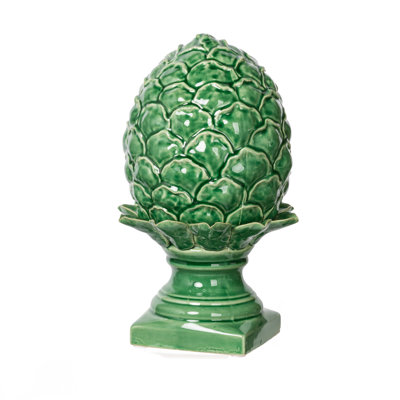 12” Green Ceramic Artichoke Sculpture, Decorative Pedestal Statue for Mantel, Tabletop, Sideboard, or Centerpiece 