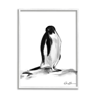 «Bashful Penguin Arctic Snow Bird Minimal Black White» par Daphne Polselli - reproduction d'art sur cadre flottant