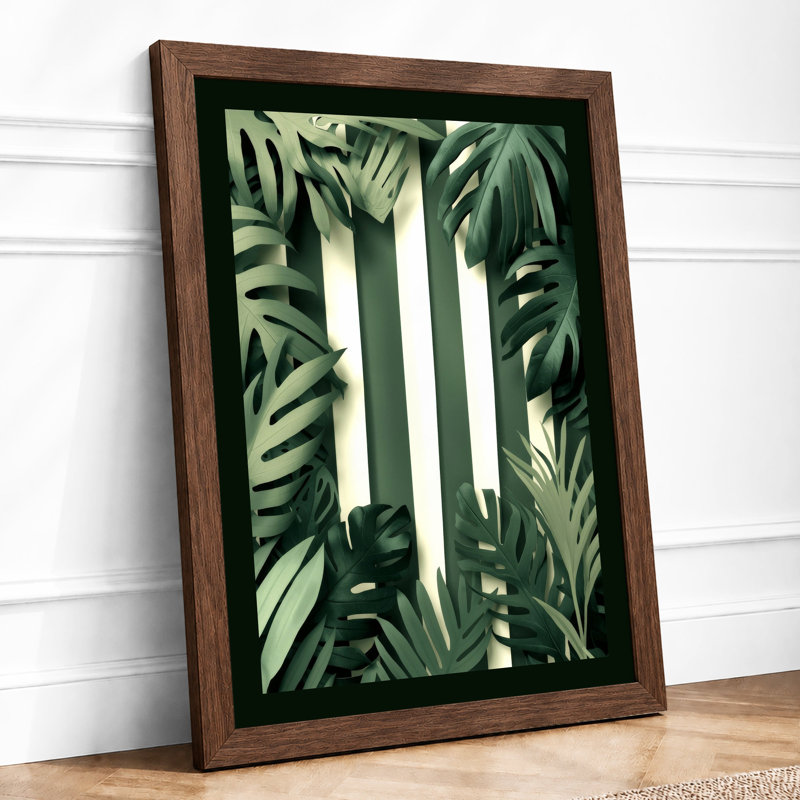 Striped Foliage Botanical - Framed Print, A1 - 84.1 x 59.4 cm, Walnut