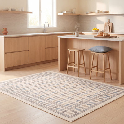 Tapis Sycamore moderne à rayures effet pinceau, bleu, gris et beige, lavable en machine, antidérapant, à poils courts, pour l'intérieur et l'extérieur, adapté aux animaux domestiques, idéal pour le salon, la chambre, la salle à manger, l'entrée, le couloir ou le bureau.