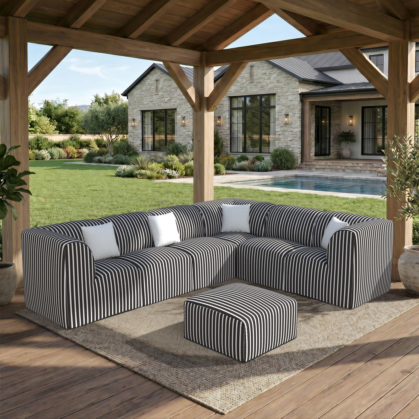 Eliana 124" Sunbrella® Patio Sectional, Shore Classic Black Stripe Sunbrella®