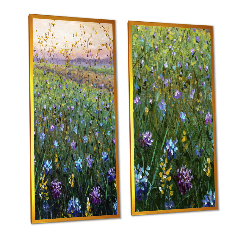 «Vibrant Colorful Field of Wildflowers IV», ensemble de 2 peintures sur toiles, H 32 po x l 32 po x P 1 po, Cadre photo doré