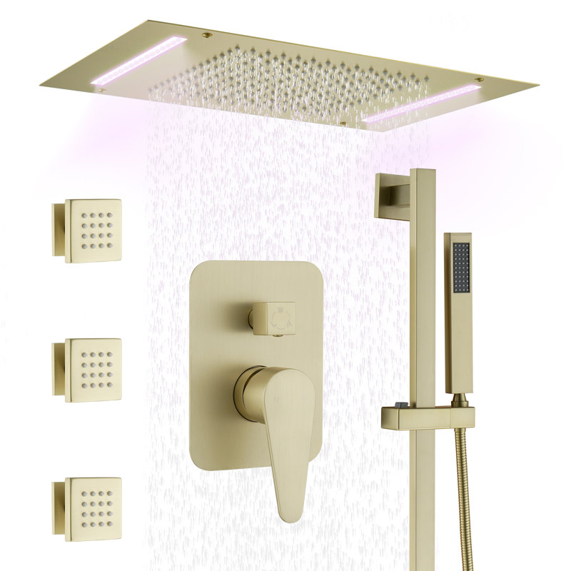 Camino 20"X14" Flush-Mount Rainfall Complete Shower System with LED Light, Silde Bar and 3 Body Jets, Brushed Gold