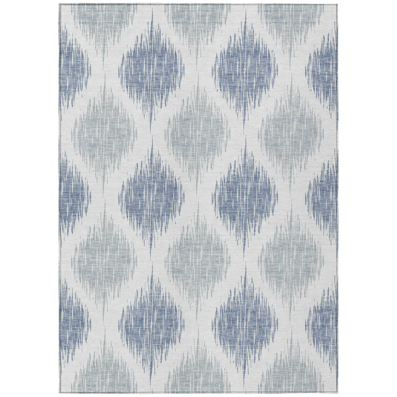 3' X 5' Denim Blue Ikat Washable Indoor Outdoor Area Rug
