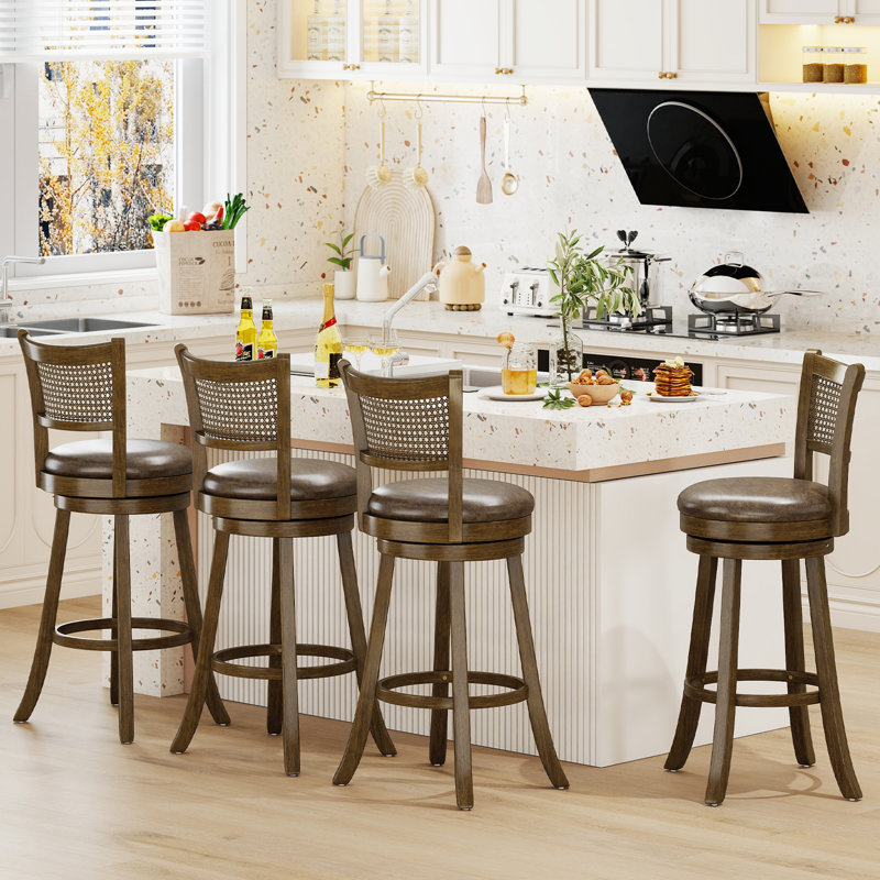Set of 4 Bar Stools 30'' Swivel Bar Chairs w/ PE Rattan Backrest Bar Height, 4, Bar Stool (30" Seat Height)