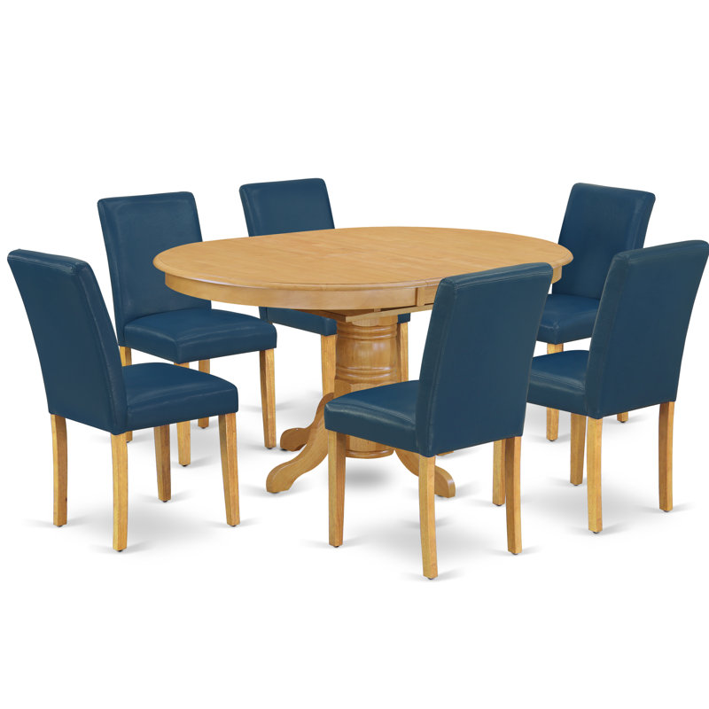 Ensemble de table de salle à manger 7 pièces composé d'une table de salle à manger ovale avec feuille papillon et de 6 chaises rembourrées en similicuir bleu Oasis, 42 x 60 pouces, chêne