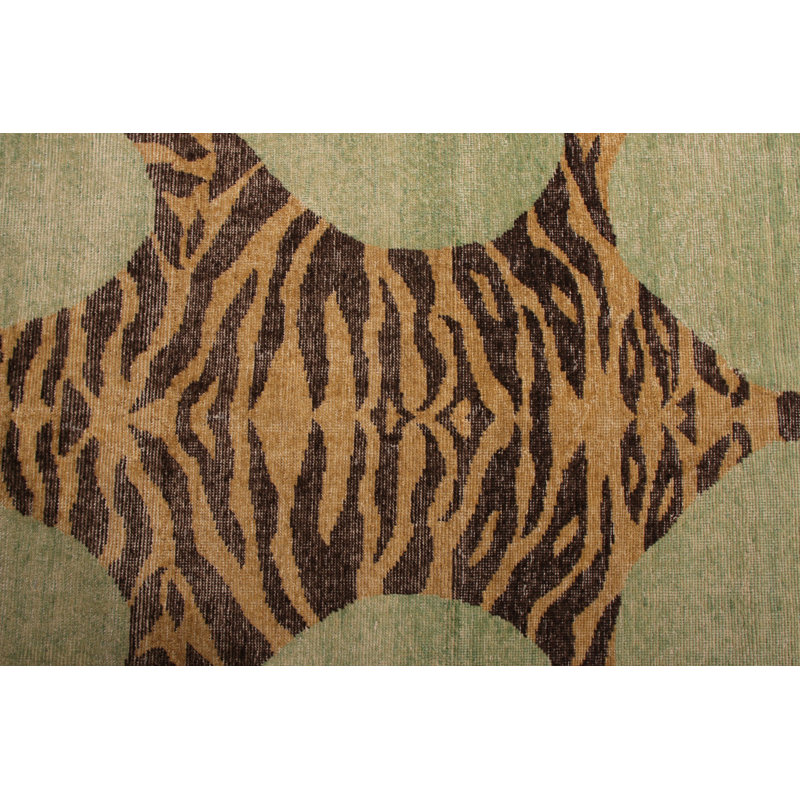 Classic Pictorial Tiger Rug Green Orange Custom Pattern By Rug & Kilim, Runner 3' x 10'