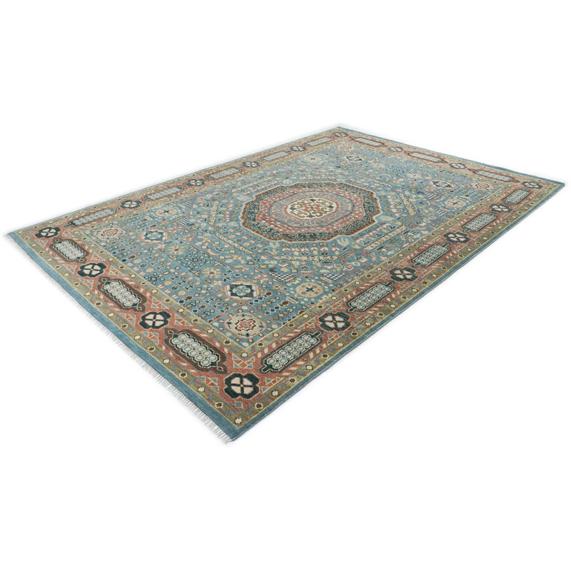 Tapis traditionnel bleu en laine noué à la main 9 pi 11 po x 14 pi Oushak, Bleu, Rectangle 9 pi 11 po x 14 pi
