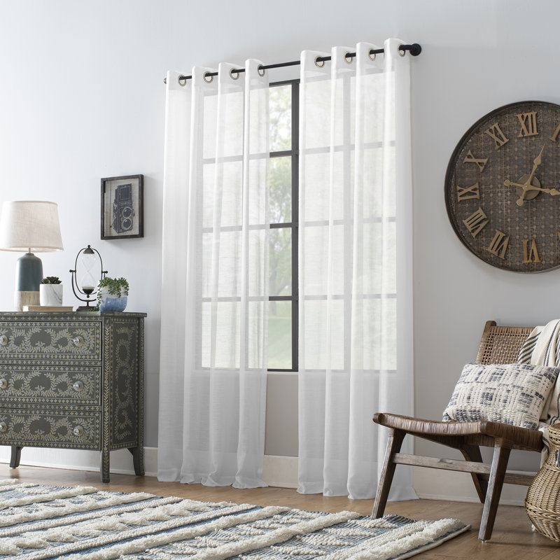 Akari Slub Textured Linen Blend Semi Sheer Grommet Curtain Panel, White, 52" W x 108" L