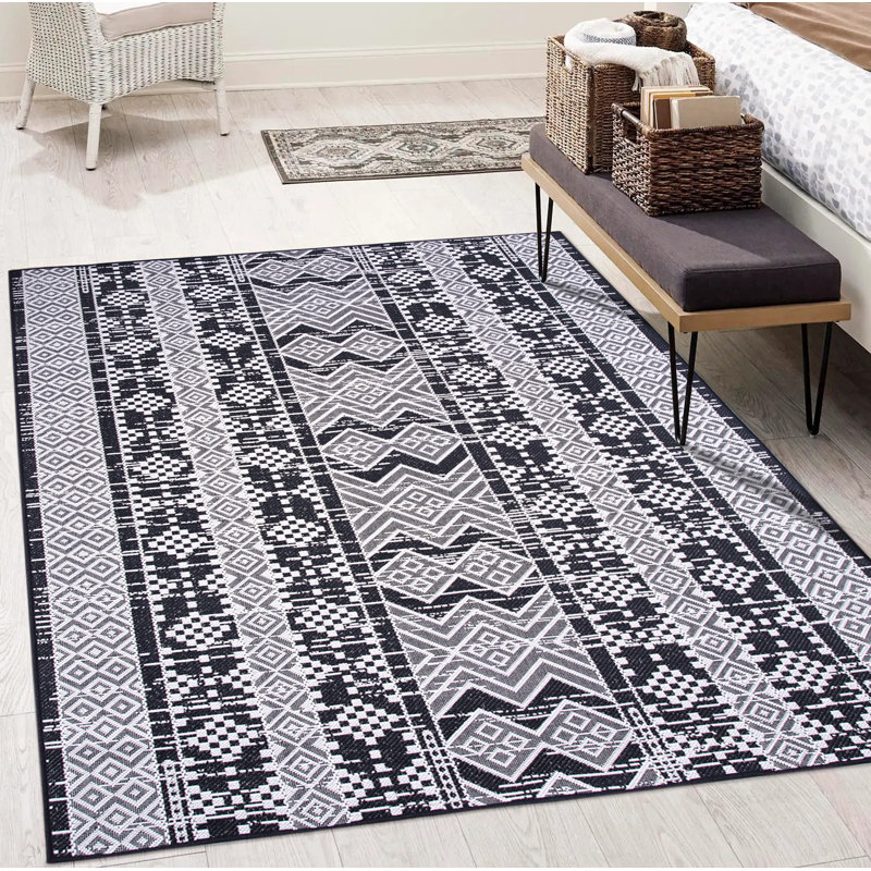 Tapis intérieur / extérieur en polypropylène tissé à la machine rectangulaire en noir / blanc, Rectangle 8 pi x 10 pi