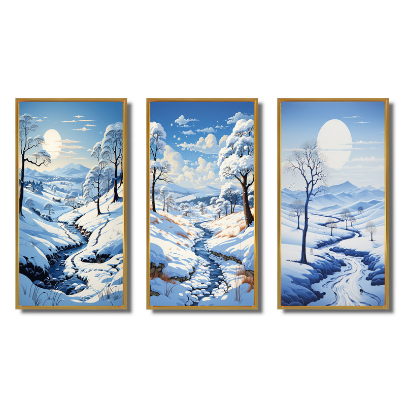 «Snow Winters Solitude», 3 pièces sur toile, Cadre flottant doré, H 28 po x l 36 po