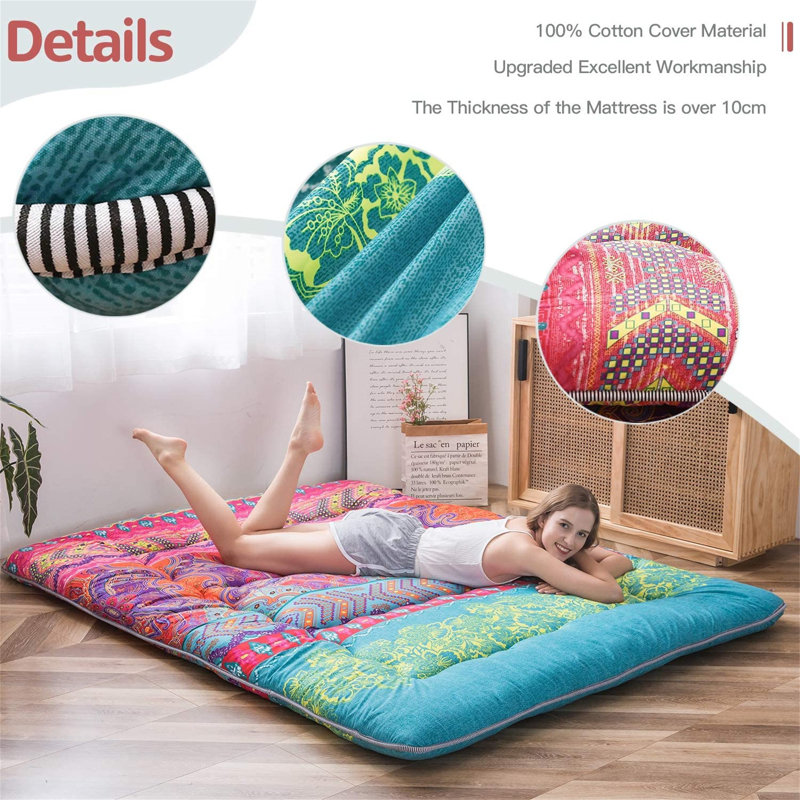 Berengere 3.5" Bohemian Japanese Roll Up Futon Mattress, Queen, Red/Blue/Orange