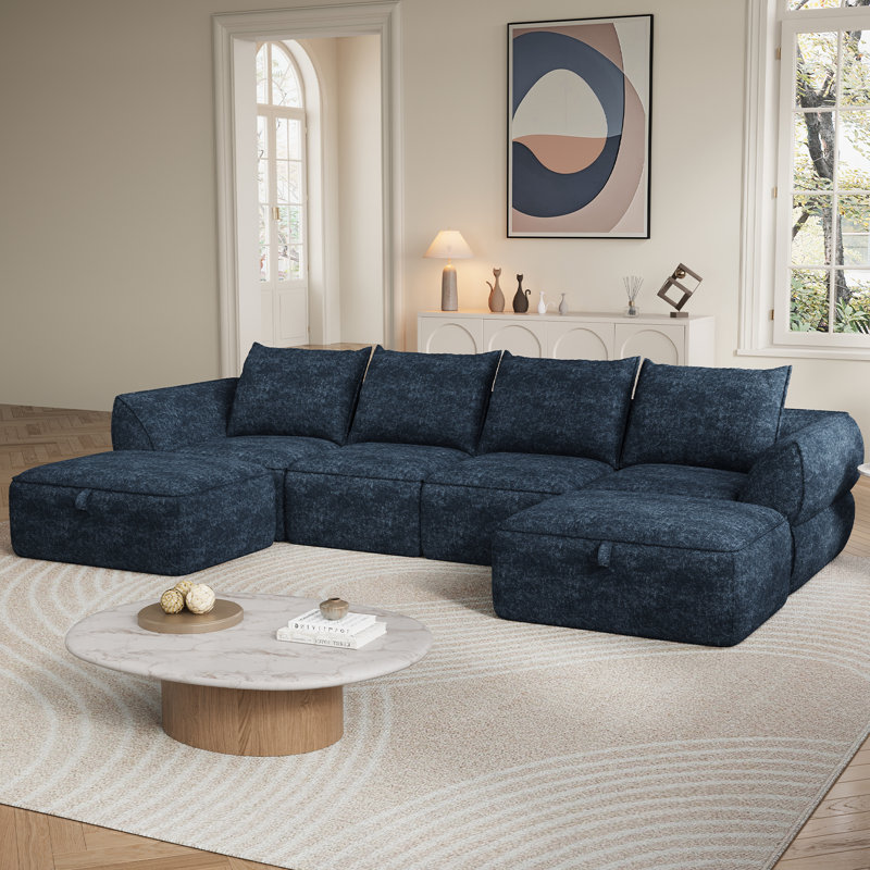 Boneless 132" Modular Sectional Sofa with Deep Seat, U-Shaped Cloud Couch for Living Room, 4-Seater Boneless Sofa with 2 Ottomans, Flexible Combination Modern Upholstery Sofa, No Assembly Required