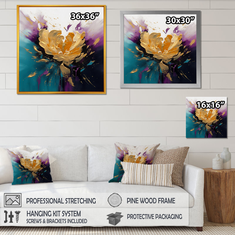 Émotion de pivoines jaunes et bleues sur toile, H 16 po x l 16 po x P 1 po, Toile tendue