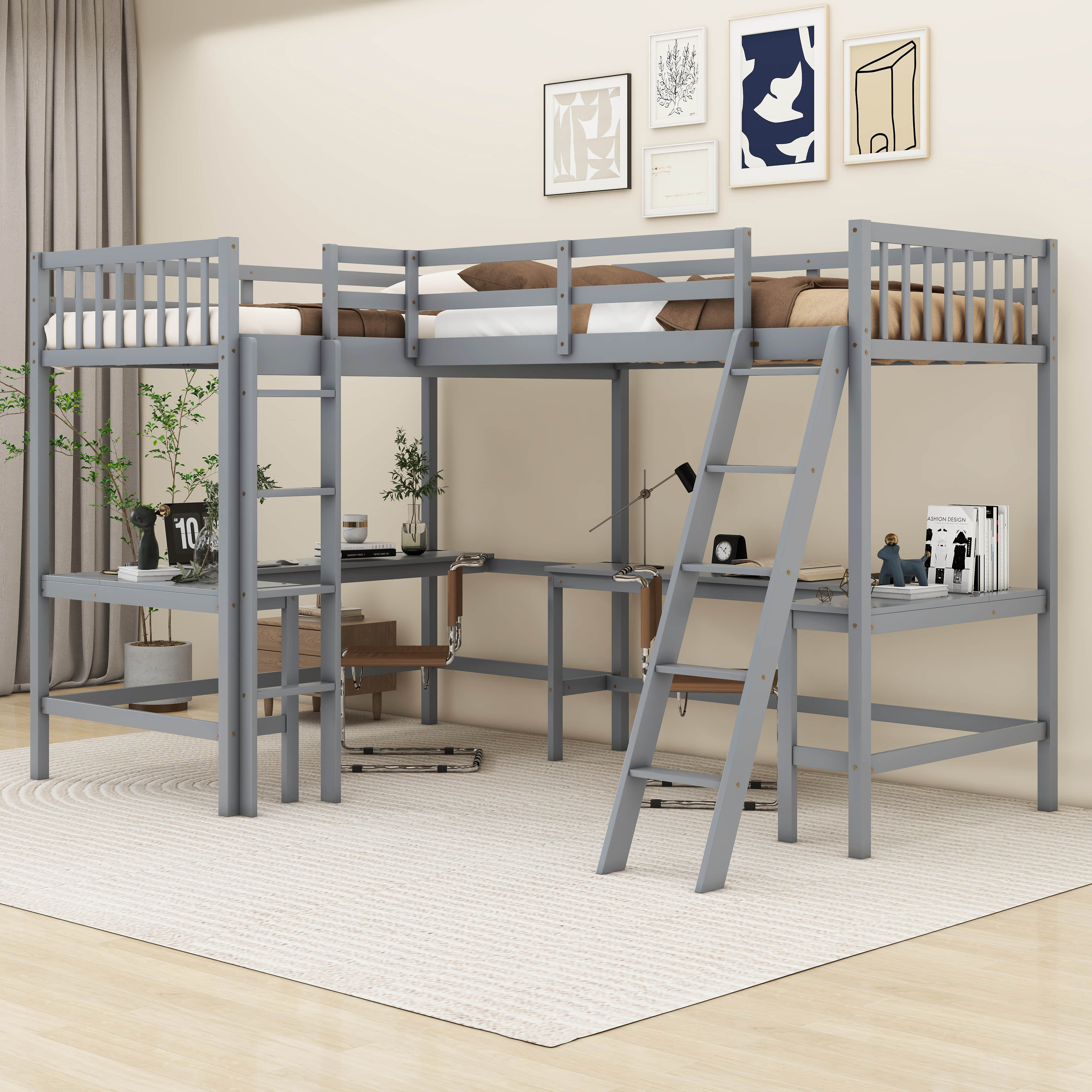 Harriet Bee Jarques Wood Twin Size L-Shaped Loft Bed with 2 Built-in L ...