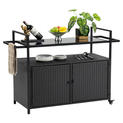 Outdoor Portable Wicker Bar Cart With Glass Countertop