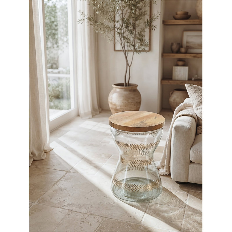Table d'appoint ronde en verre avec base en bois de manguier peinte à la main