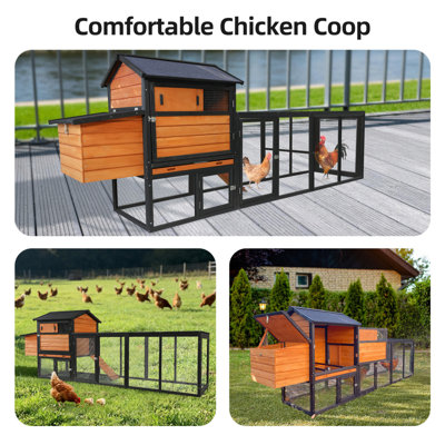 Poulailler en bois brun et noir, grand poulailler extérieur avec cage de poulailler et nichoir, clapier à lapin, panneau anti-UV imperméable pour la cour arrière