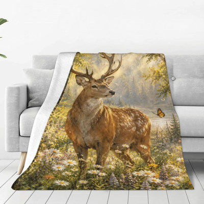 Couverture en flanelle à motif cerf des bois pour lit et canapé douillets, 152 x 203 cm