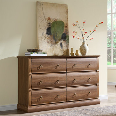 6 Drawer Dresser For Bedroom, 52" Wide Vintage Chest Of Drawers With Curved Fronts & Retro Ring Pulls