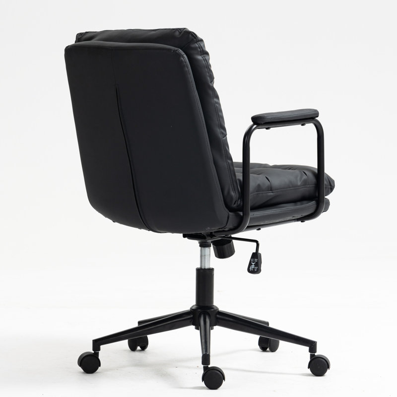 Chaise de bureau à dossier moyen en cuir synthétique ergonomique avec dossier inclinable de 40 po, roulettes, hauteur de siège réglable, pivotant sur 360 °, coussin double éponge, bureau noir rembourré