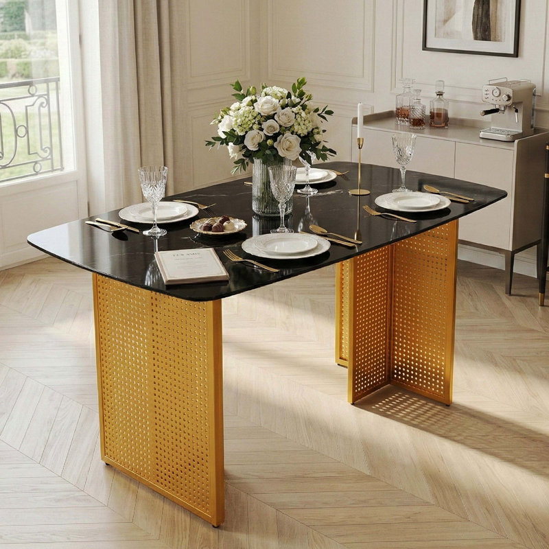 Table de salle à manger rectangulaire moderne en verre trempé pour 6 personnes avec pieds dorés en métal, idéale pour le salon et le bureau