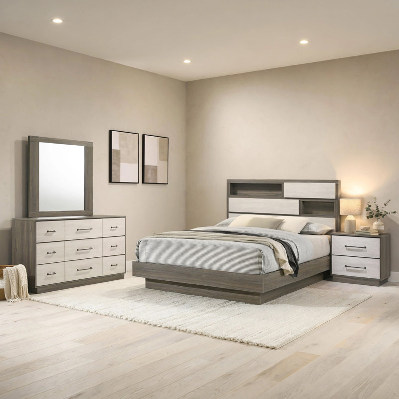 Ensemble de chambre à coucher pour grand lit 4 pièces Fene, gris, brun, bibliothèque intégrée, Grand lit