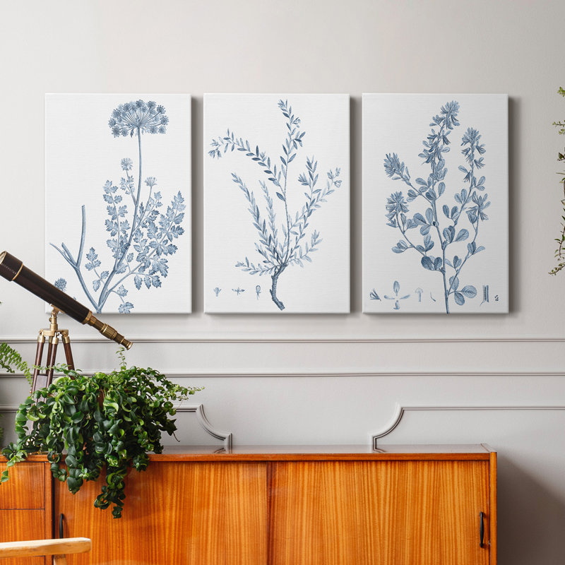 Antique Botanical in Blue V - Ensemble de 3 peintures sur toile tendue, H 36 po x l 72 po x P 1 po