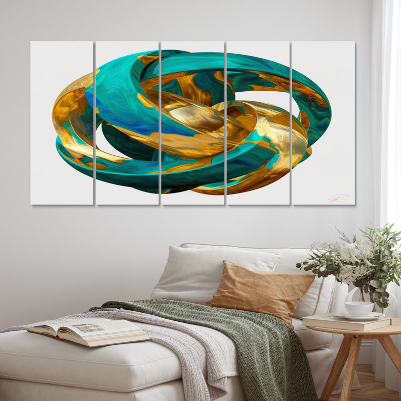 Confronting Infinity 3D Turquoise Gold Sphere - Décoration murale fractale abstraite - 5 panneaux égaux