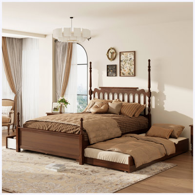 Queen Size Platform Bed with Twin XL Trundle and 2 Storage Drawers, Walnut Wooden Bed Frame with Spindle Headboard