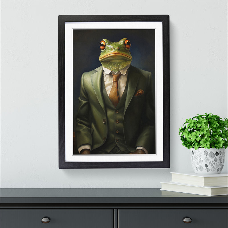 Frog in a Suit Painting - Framed Print, 64cm H x 46cm W, Black Framed