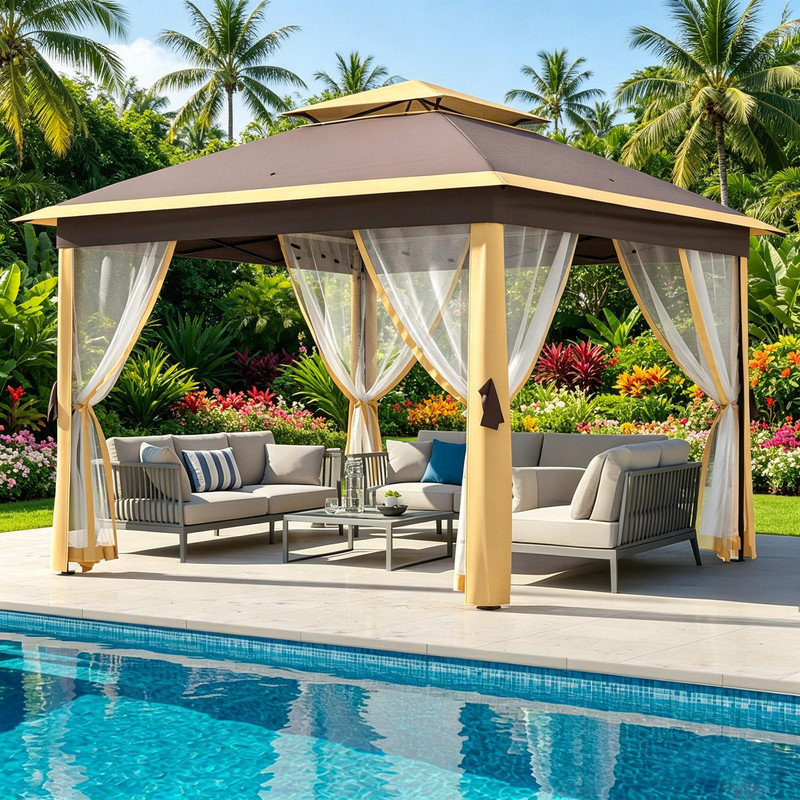 Tente de pavillon escamotable 11 x 11 pi pour patio, cour et jardin avec moustiquaire
