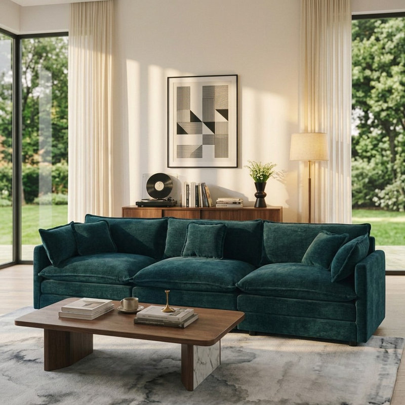 Upholstered Sofa, Chenille Sofa, 3 Seater, For Living Room, Blue