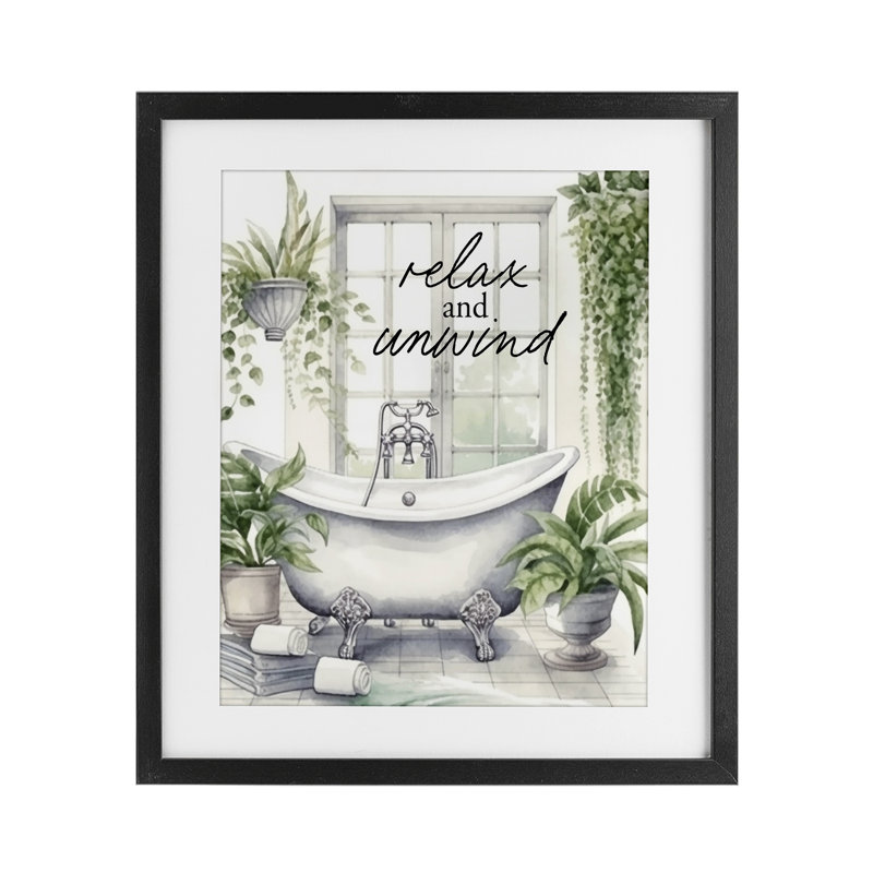 «Relax Unwind Bath & Foliage», reproduction sous verre encadrée, design par lettré et doublé, Cadre noir minuit
