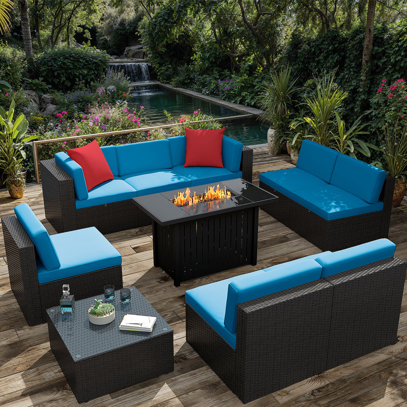 10 Pieces Rattan Patio Furniture Conversation Set with 43" Gas Propane 50000 BTU Fire Pit Table Outdoor Sectional Sofa for Backyard